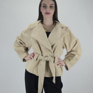 Beżowa kurtka wiosenna z wiązaniem – elegancka
