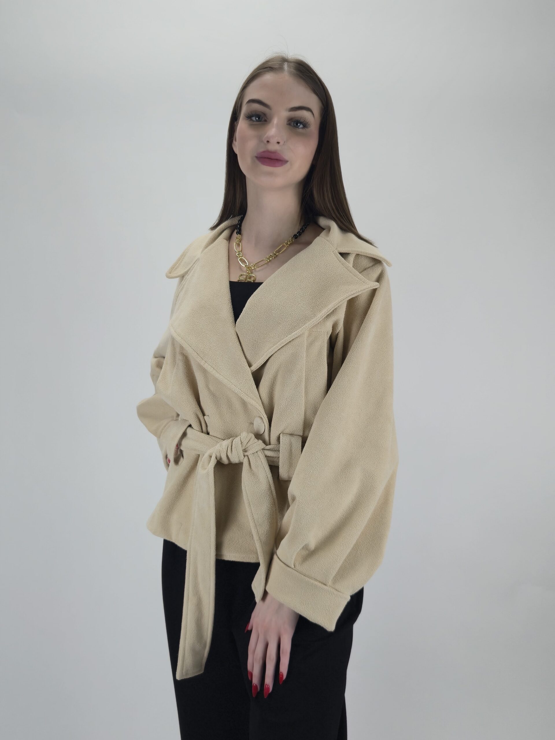 Beżowa kurtka wiosenna z wiązaniem – elegancka - obrazek 3