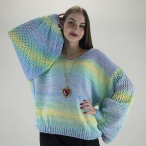 Sweter wiosenny, kolor wiosny 2026- Tiffany, ażurowy rękaw Hit! rozmiar uniwersalny