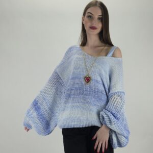 Sweter wiosenny melanż błękitu, ażurowy rękaw Hit! rozmiar uniwersalny