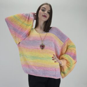 Sweter wiosenny melanż wrzosowy, ażurowy rękaw Hit! rozmiar uniwersalny