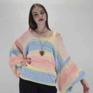 Sweter wiosenny multikolor, ażurowy rękaw Hit! rozmiar uniwersalny