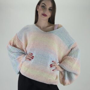 Sweter wiosenny pastelowy melanż, ażurowy rękaw Hit! rozmiar uniwersalny