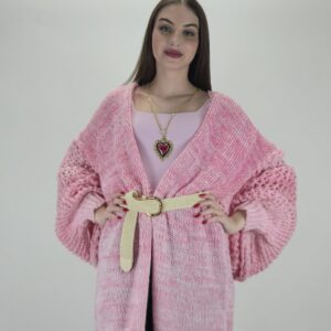 Kardigan z paskiem, candy pink, ażurowy rękaw, rozmiar uniwersalny