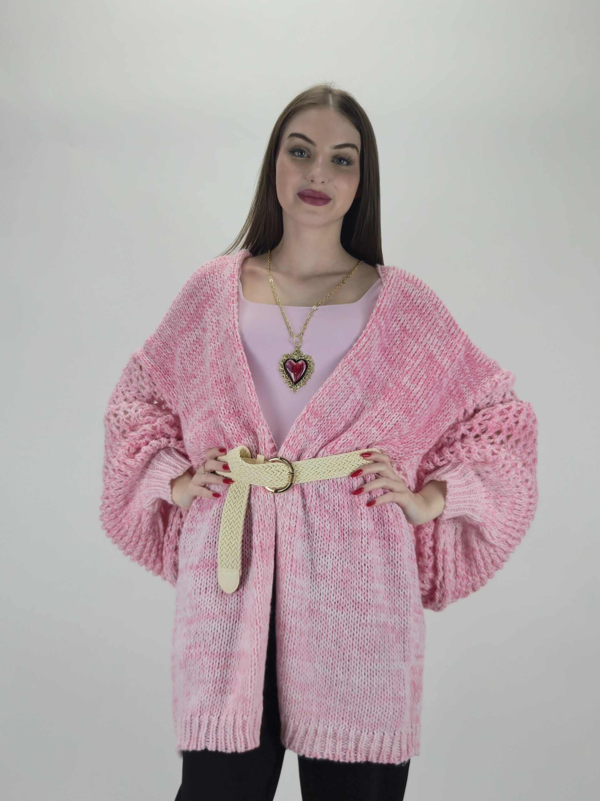 Kardigan z paskiem, candy pink, ażurowy rękaw, rozmiar uniwersalny
