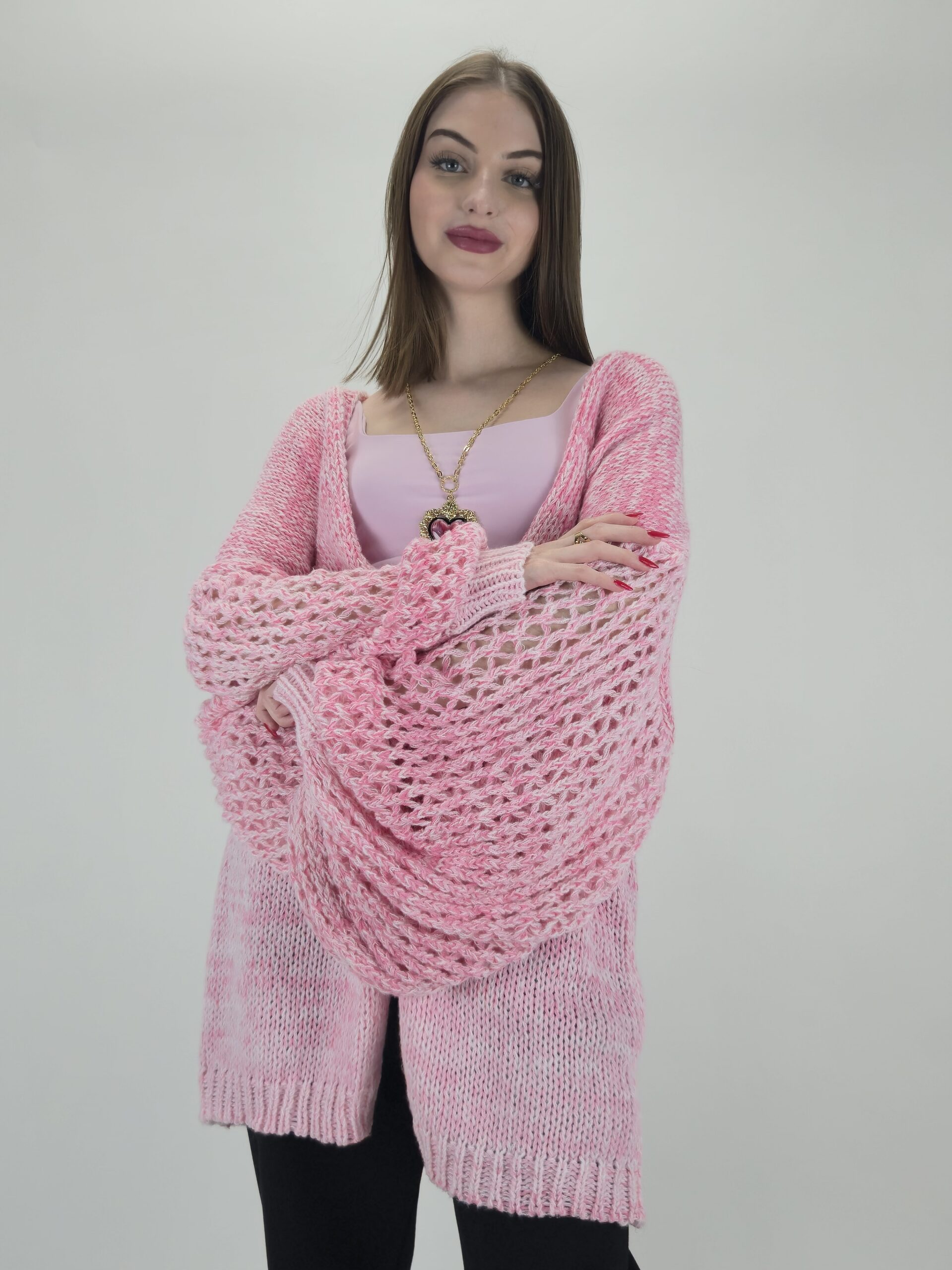 Kardigan z paskiem, candy pink, ażurowy rękaw, rozmiar uniwersalny - obrazek 2