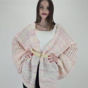 Kardigan z paskiem, kolor pudrowy pastel, ażurowy rękaw, rozmiar uniwersalny