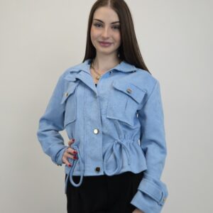 Kurtka wiosenna eko-zamsz/ircha na stójce, z ozdobnym wiązaniem w pasie, kolor baby-blue, rozmiar uniwersalny