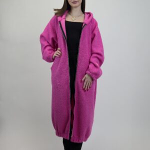 Płaszczyk długi z kapturem, bukla, zapinany na zamek, kolor róż, rozmiar uniwersalny