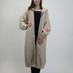 Płaszczyk długi z kapturem, bukla, zapinany na zamek, kolor beż, rozmiar uniwersalny