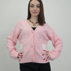 Kardigan z kieszeniami i sercami, kolor baby pink, rozmiar uniwersalny
