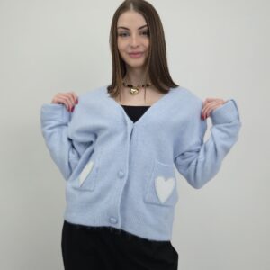 Kardigan z kieszeniami i sercami, kolor baby blue, rozmiar uniwersalny