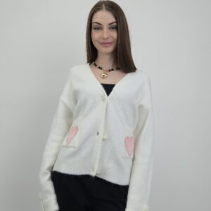 Kardigan z kieszeniami i sercami, kolor śmietankowy, rozmiar uniwersalny