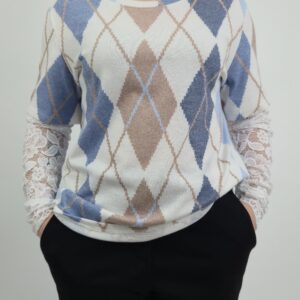 Bluzka beżowo-niebieska w romby i koronkowymi rękawami, rozmiar uniwersalny