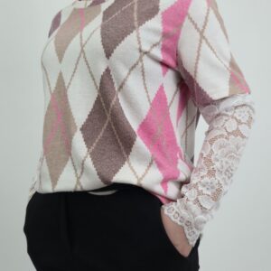 Bluzka śliwkowo-różowa w romby i koronkowymi rękawami, rozmiar uniwersalny