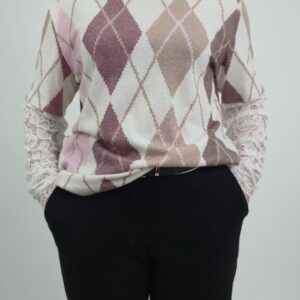 Bluzka śliwkowo-jasno różowa w romby i koronkowymi rękawami, rozmiar uniwersalny