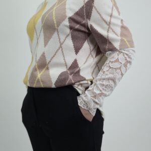 Bluzka beżowo-żółta w romby i koronkowymi rękawami, rozmiar uniwersalny