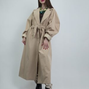 Trencz damski wiosenny długi beżowy z paskiem, rozmiar uniwersalny