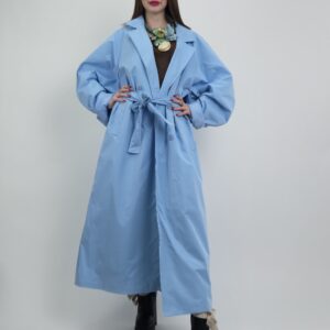 Trencz damski wiosenny długi błękitny z paskiem, rozmiar uniwersalny