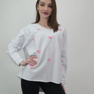Bluzka bawełniana z bawełny pętelkowej biała w różowe serca, rozmiar uniwersalny