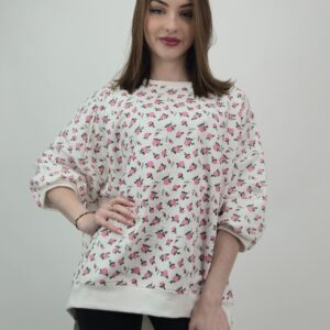 Bluzka bawełniana z bawełny pętelkowej, śmietankowy, print różyczki, rozmiar uniwersalny