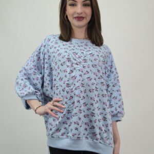 Bluzka bawełniana z bawełny pętelkowej, niebieski, print różyczki, rozmiar uniwersalny