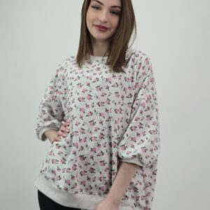 Bluzka bawełniana z bawełny pętelkowej, szary, print różyczki, rozmiar uniwersalny