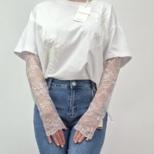 Bluzka bawełniana biała z kwiatową cekinową aplikacją, rozmiar M/L