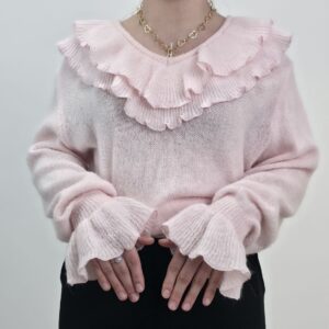 Sweter damski z falbanką pastelowo różowy, rozmiar uniwersalny