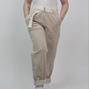 Spodnie sztruksowe z parcianym paskiem jasny beż, rozmiar uniwersalny