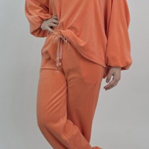 Dres welurowy z kapturem i falbanką, kolor pomarańczowy, rozmiar uniwersalny