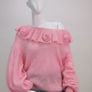 Sweter premium z falbanką różami 3 D, pudrowy róż, rozmiar uniwersalny