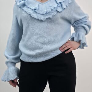 Sweter damski z falbanką jasno niebieski, rozmiar uniwersalny