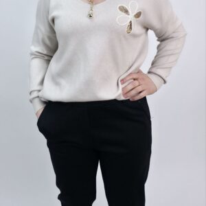 Sweterek wiosenny beżowy z aplikacją, rozmiar uniwersalny