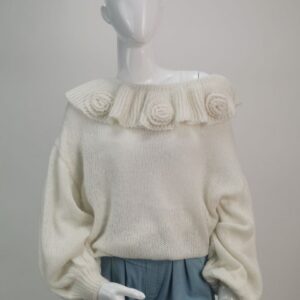 Sweter premium z falbanką różami 3 D, śmietankowy, rozmiar uniwersalny