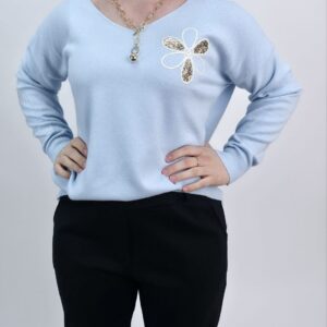 Sweterek wiosenny błękitny z aplikacją, rozmiar uniwersalny