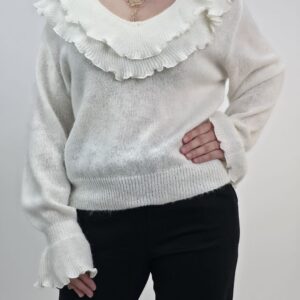 Sweter damski z falbanką śmietankowy, rozmiar uniwersalny