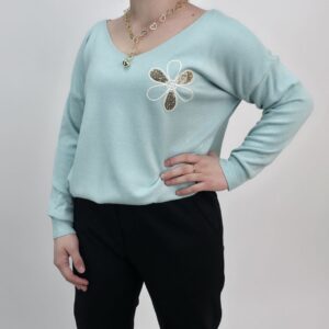 Sweterek wiosenny miętowy z aplikacją, rozmiar uniwersalny