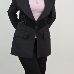 Żakiet czarny damski z wstawką koronkową, rozmiar M/L