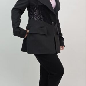 Żakiet czarny damski z wstawką koronkową, rozmiar L/XL