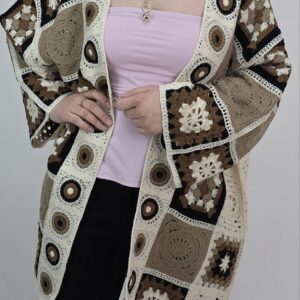 Kardigan boho handmade, styl szydełkowy, klasyczna czekolada i beż, rozmiar uniwersalny