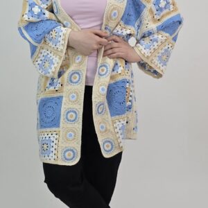Kardigan boho handmade, styl szydełkowy, kolor wiosenny błękit i beż, rozmiar uniwersalny