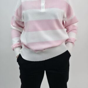 Bluzka damska typu polo biało-różowa, rozmiar uniwersalny