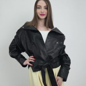 Czarna kurtka eko skóra z wiązaniem i bufkami