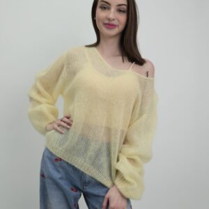 Sweter Ażurowy Kid Mohair - kolor pastelowy żółty