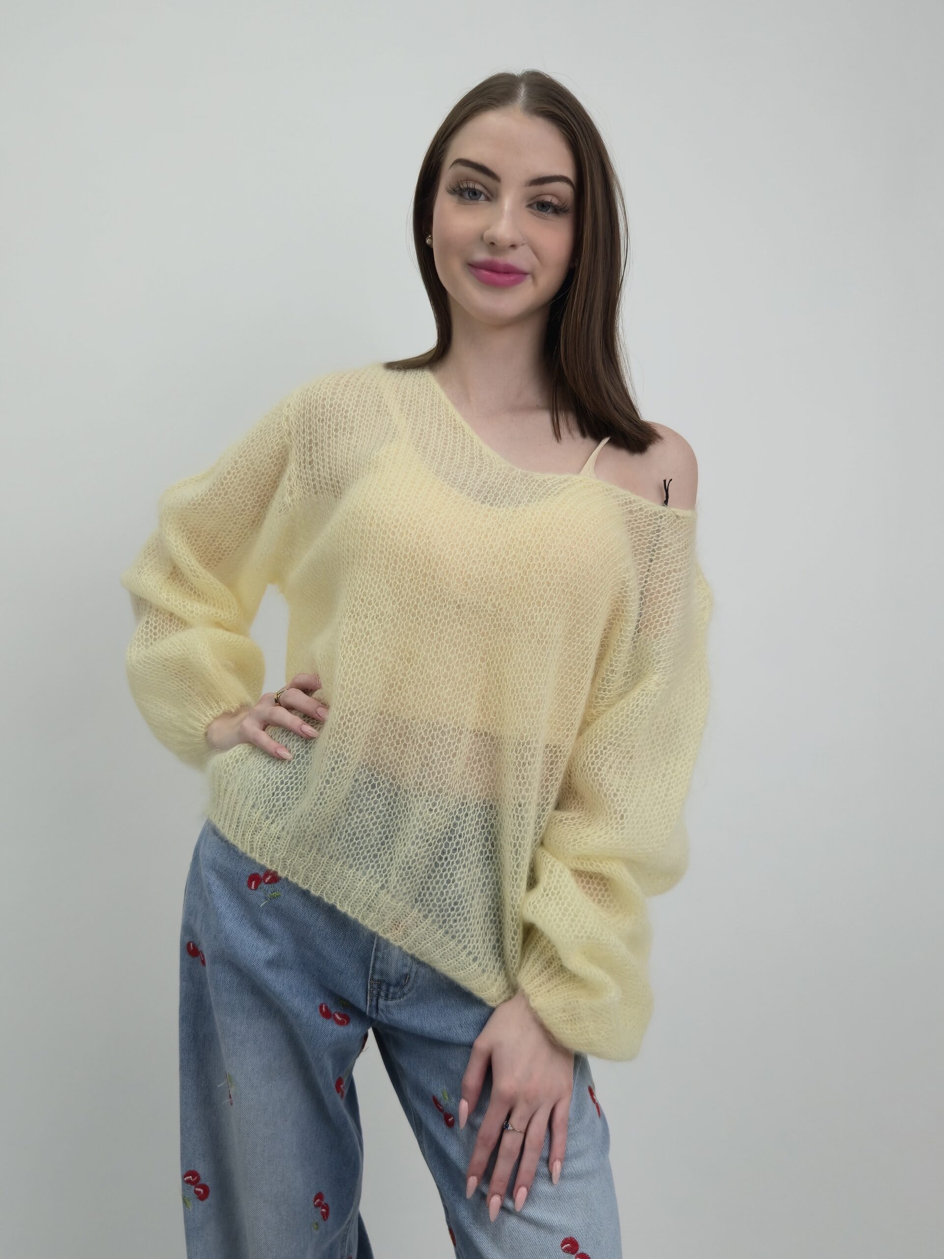 Sweter Ażurowy Kid Mohair pastelowy żółty