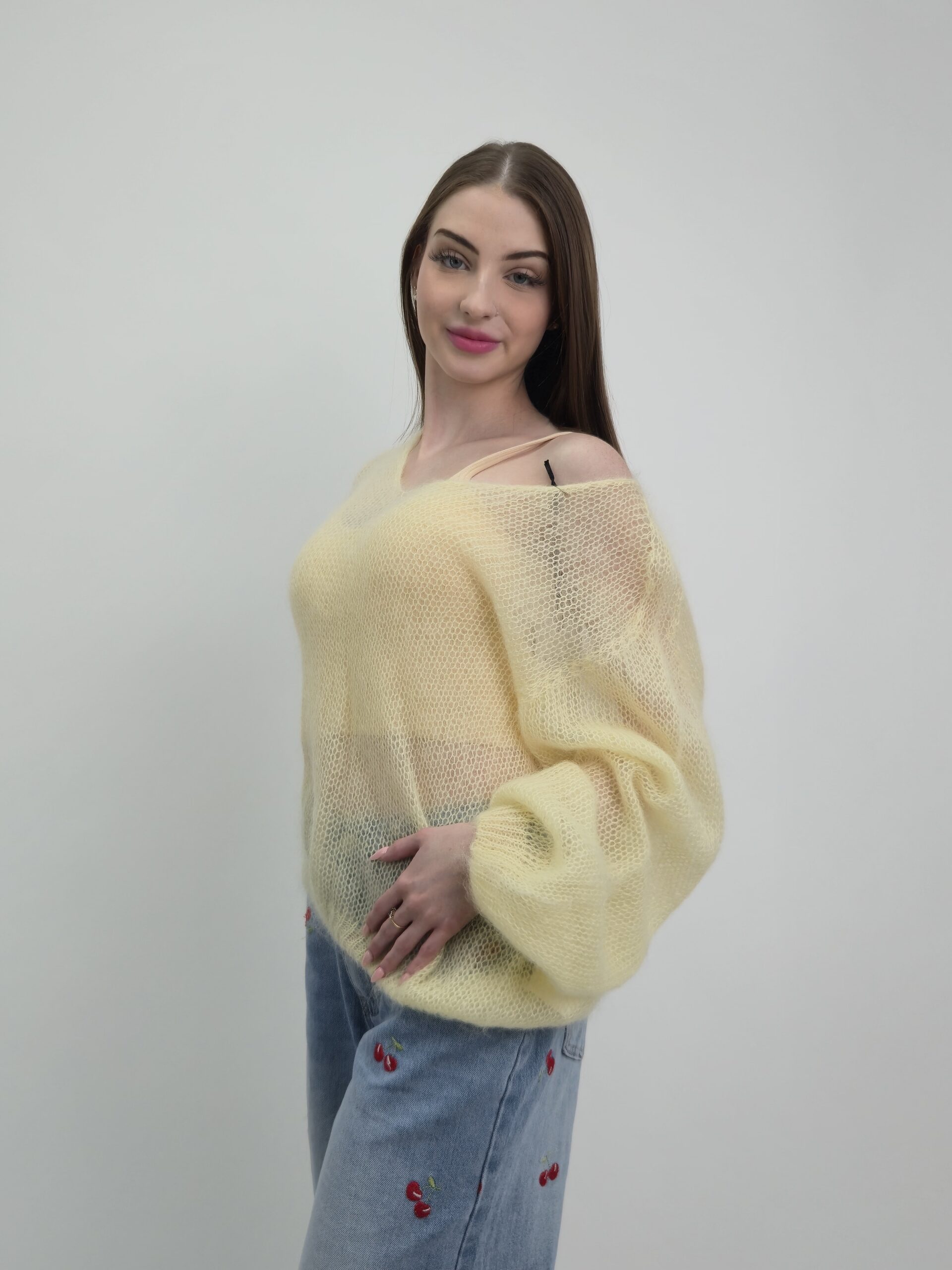 Sweter Ażurowy Kid Mohair pastelowy żółty - obrazek 4