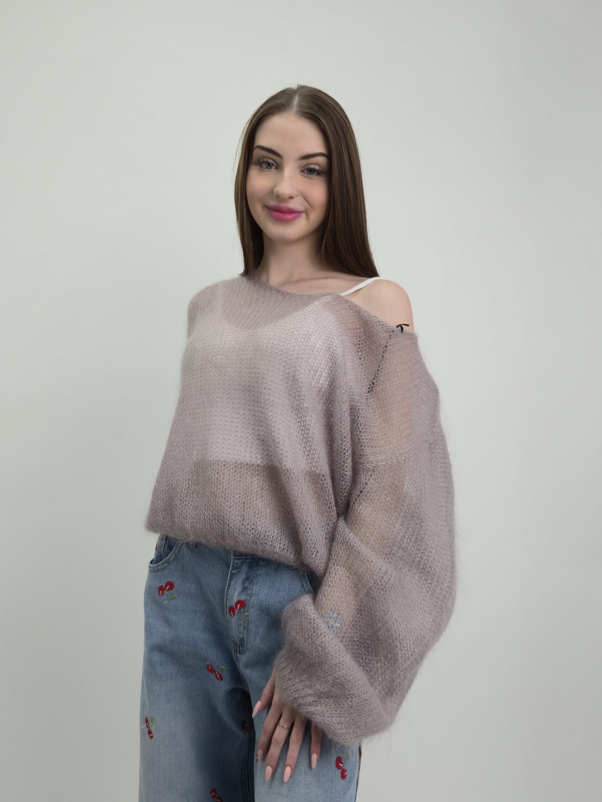 Sweter Ażurowy Kid Mohair- kolor fango - obrazek 3