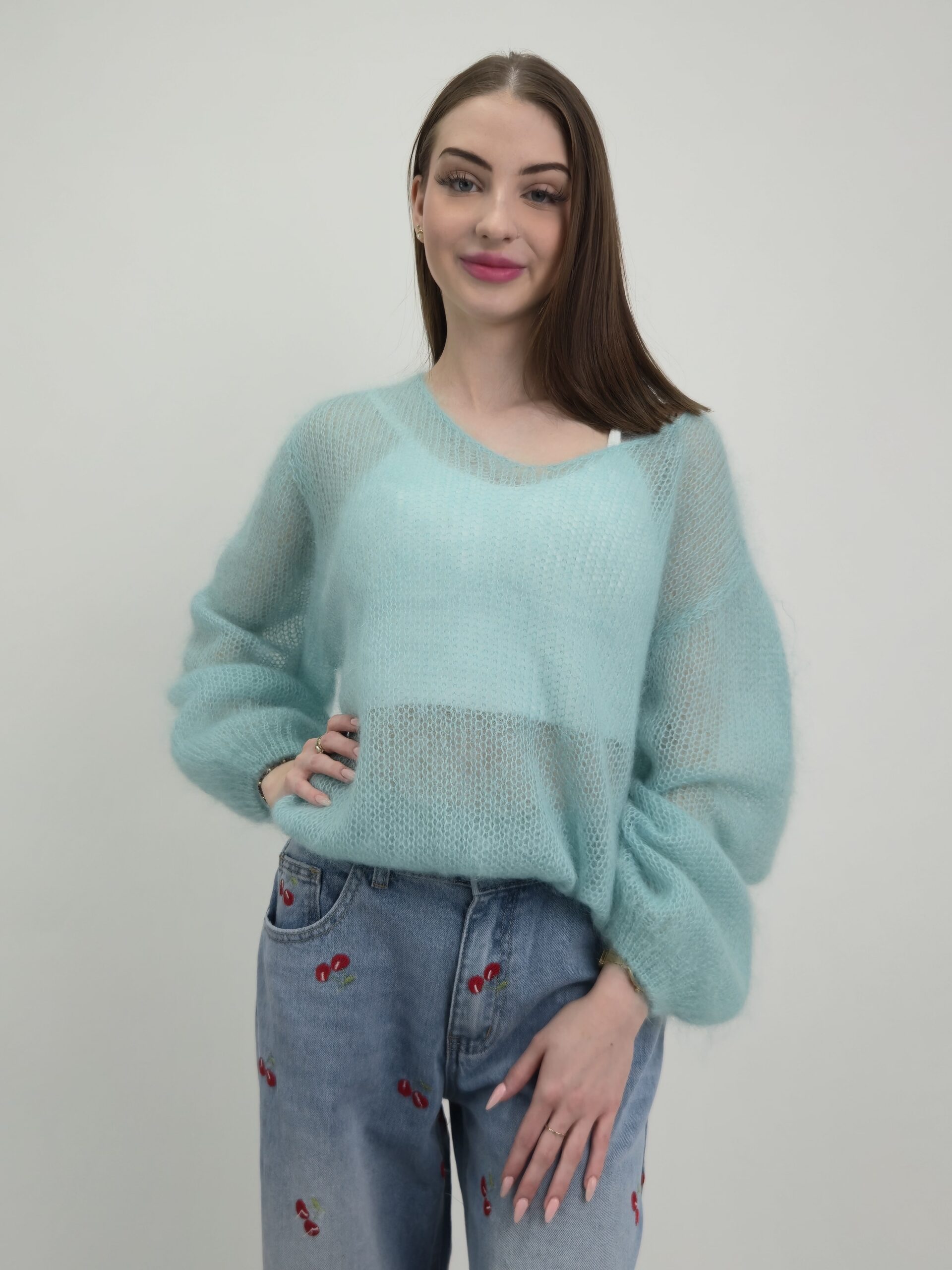 Sweter Ażurowy Kid Mohair- kolor miętowy - obrazek 4