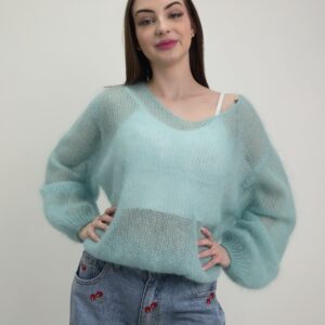 Sweter Ażurowy Kid Mohair- kolor miętowy